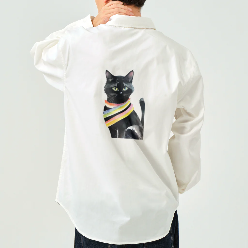 幸運のしっぽの黒猫と虹の首輪 Work Shirt