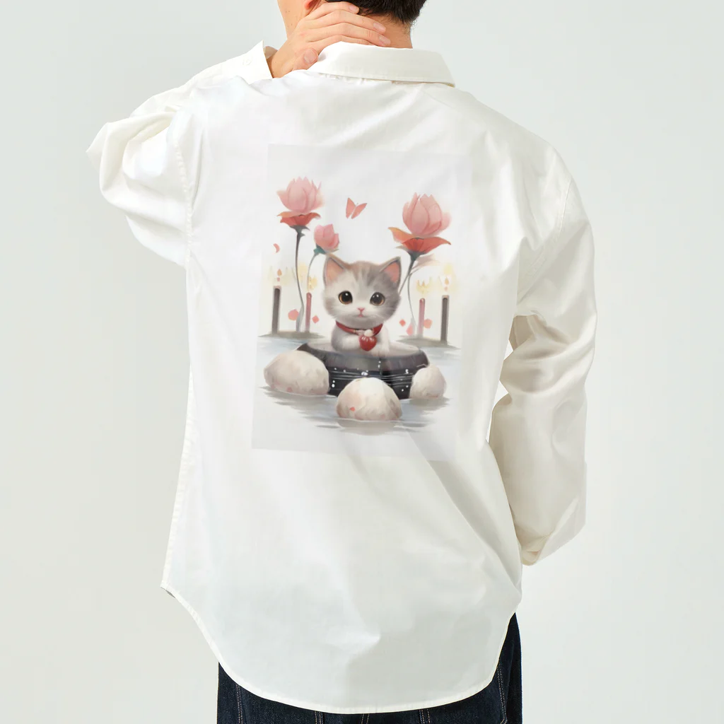 恥ずかしがり屋のねこショップの猫とお花 Work Shirt