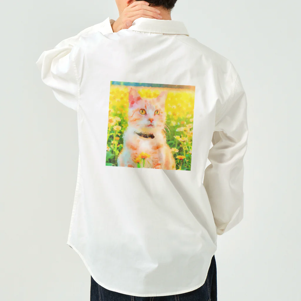 猫好きの谷の猫の水彩画/花畑のチャシロねこのイラスト/茶白ネコ Work Shirt