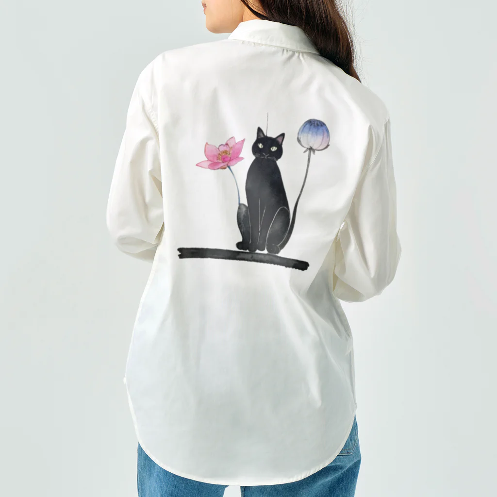 幸運のしっぽの黒猫と花 Work Shirt