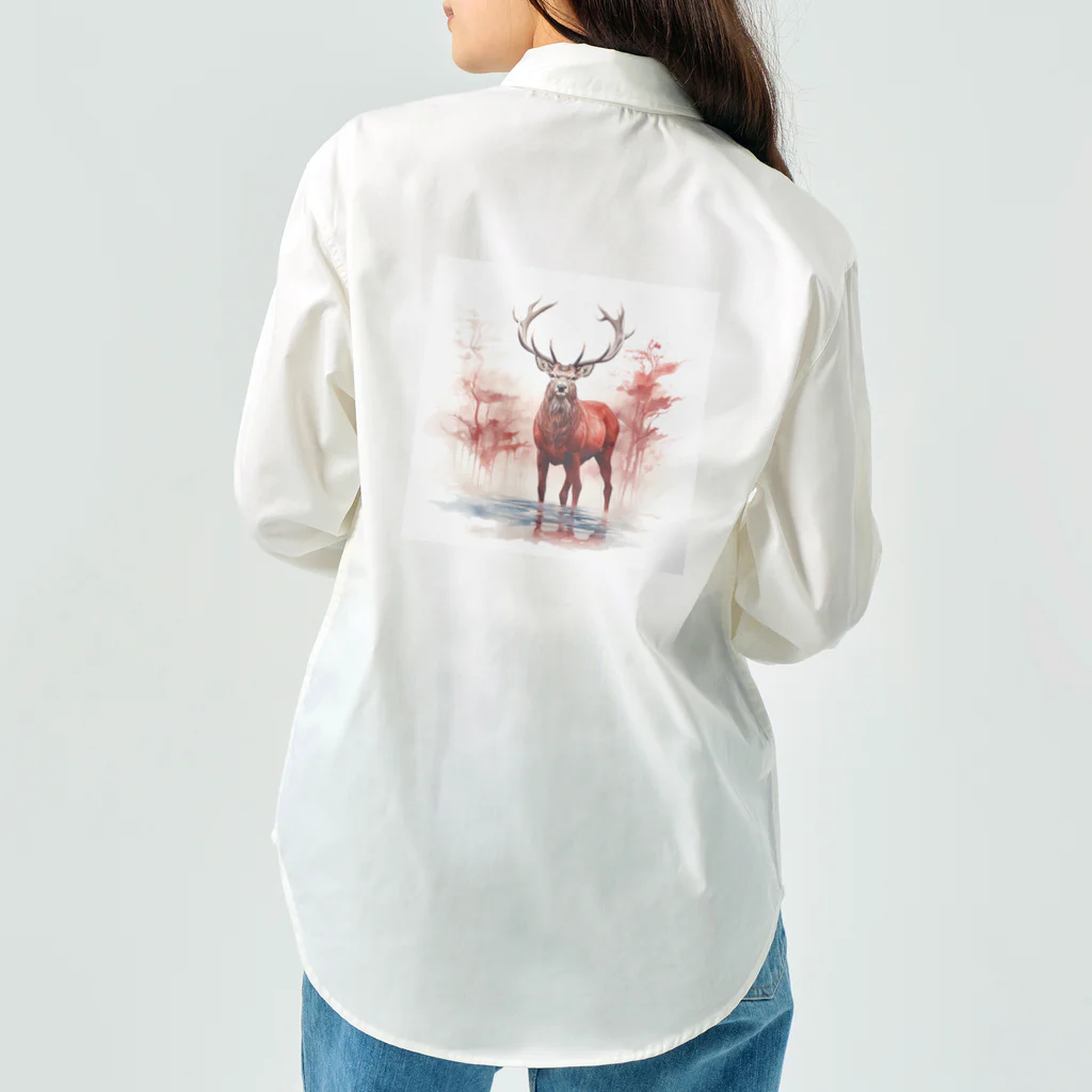 motsunabeeのかわいい赤いエルクのTシャツ ワークシャツ