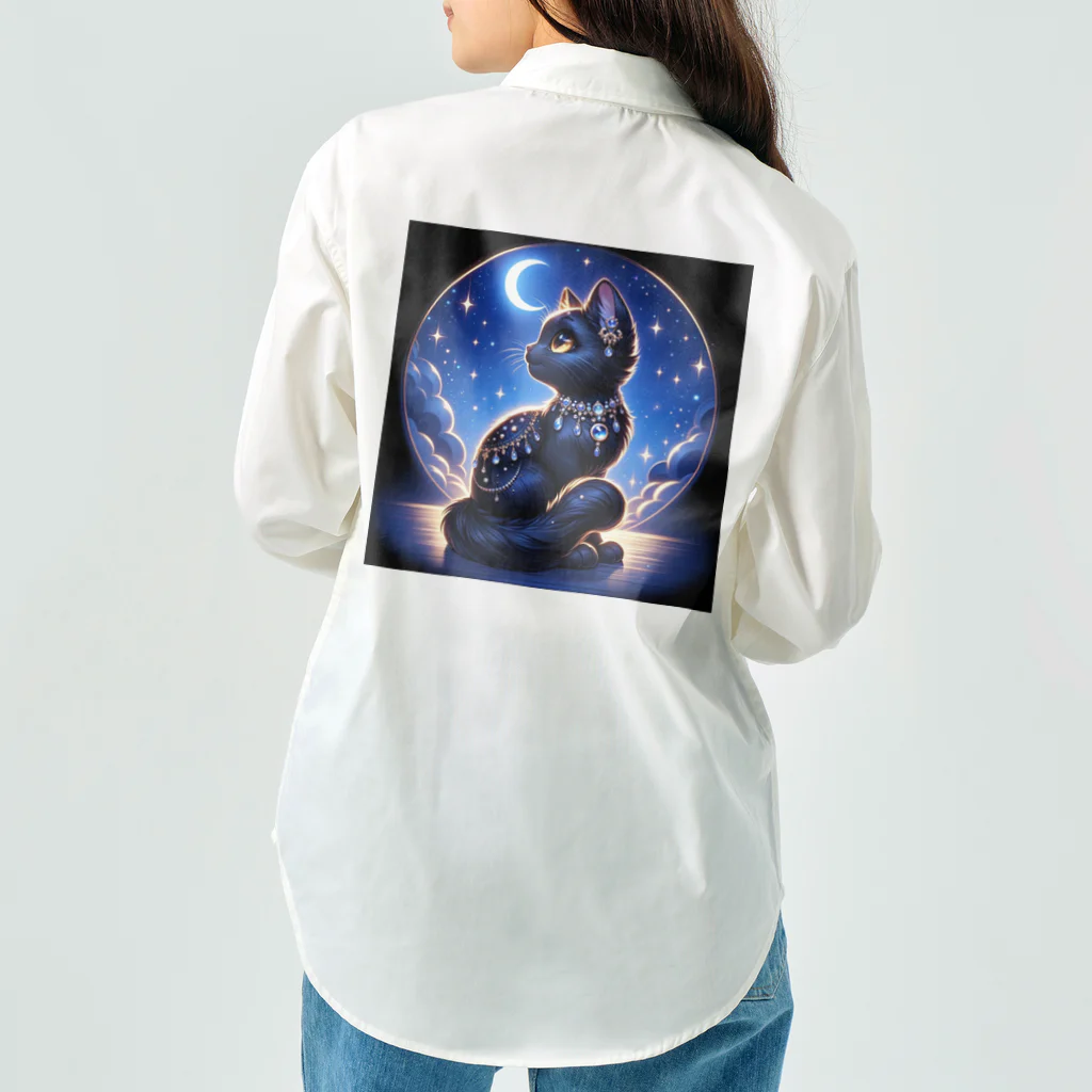 黒猫ギャラリー🐈‍⬛の三日月の煌びやかな黒猫 ワークシャツ