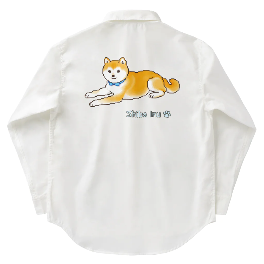 Shiba Inu Streetの水色の首輪をつけてゆったり座る柴犬のドット絵 ワークシャツ