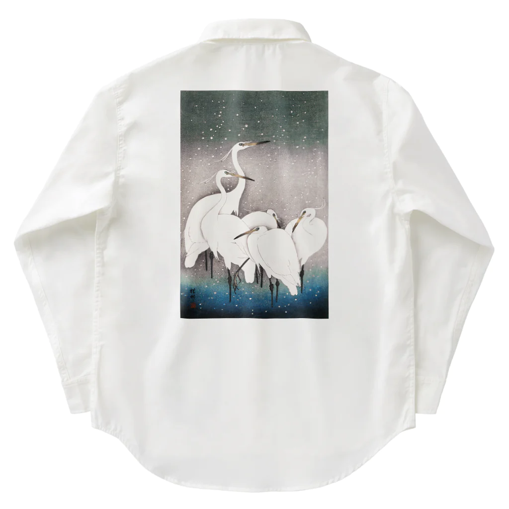 MUGEN ARTの小原古邨　雪中群鷺（白鷺の群れ）日本のアートTシャツ＆グッズ ワークシャツ