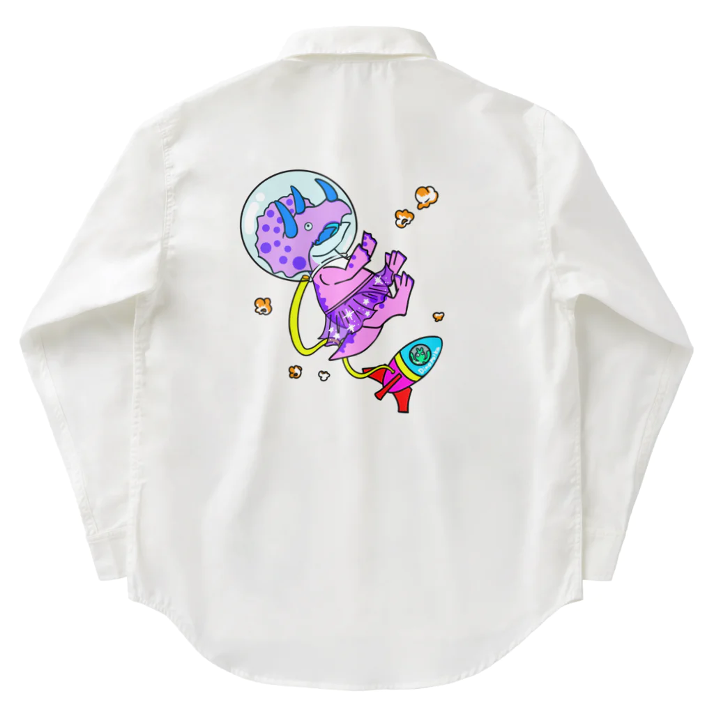 DinoPolkaのスペース恐竜ぽっぷらこーん Work Shirt