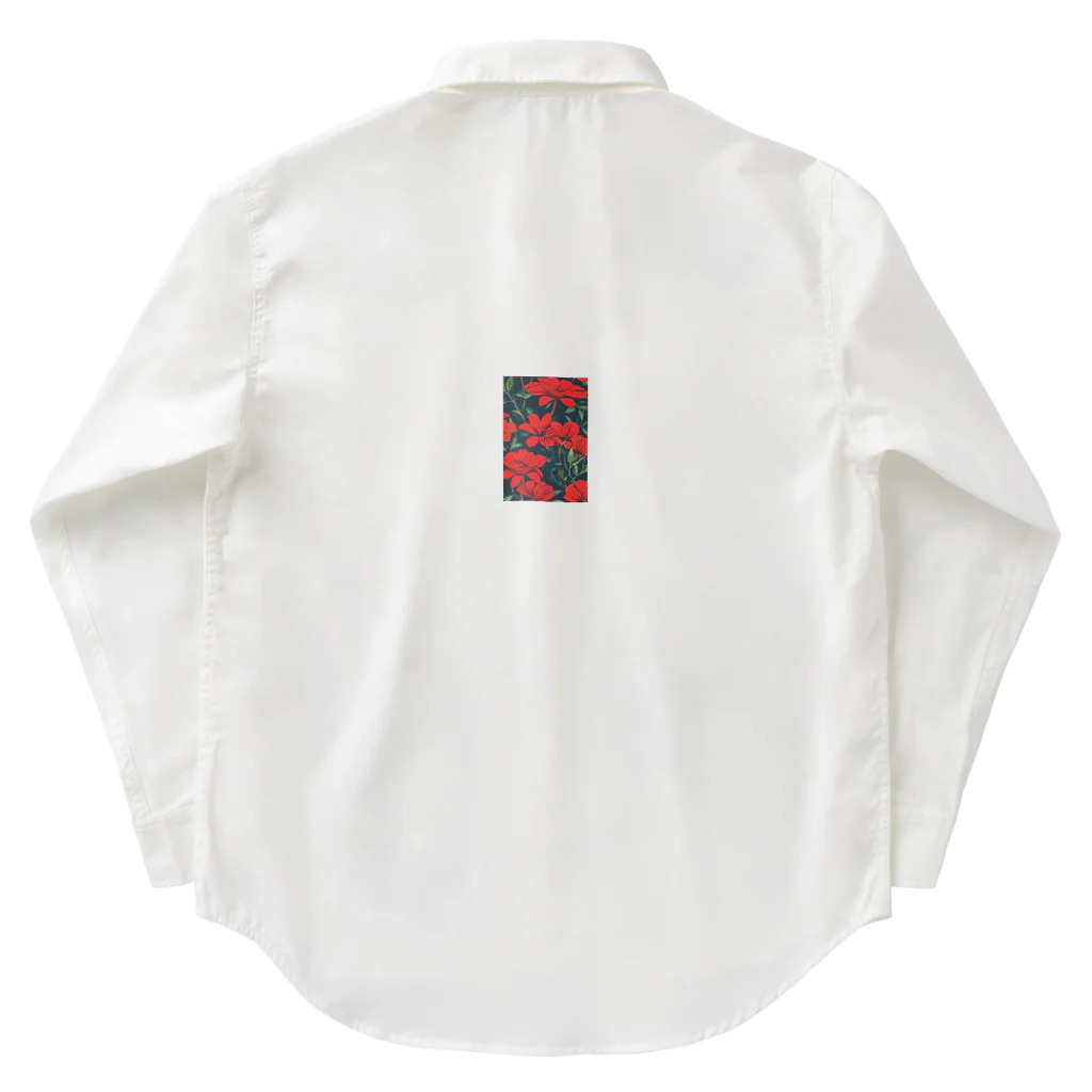 モノクロの赤花 Work Shirt