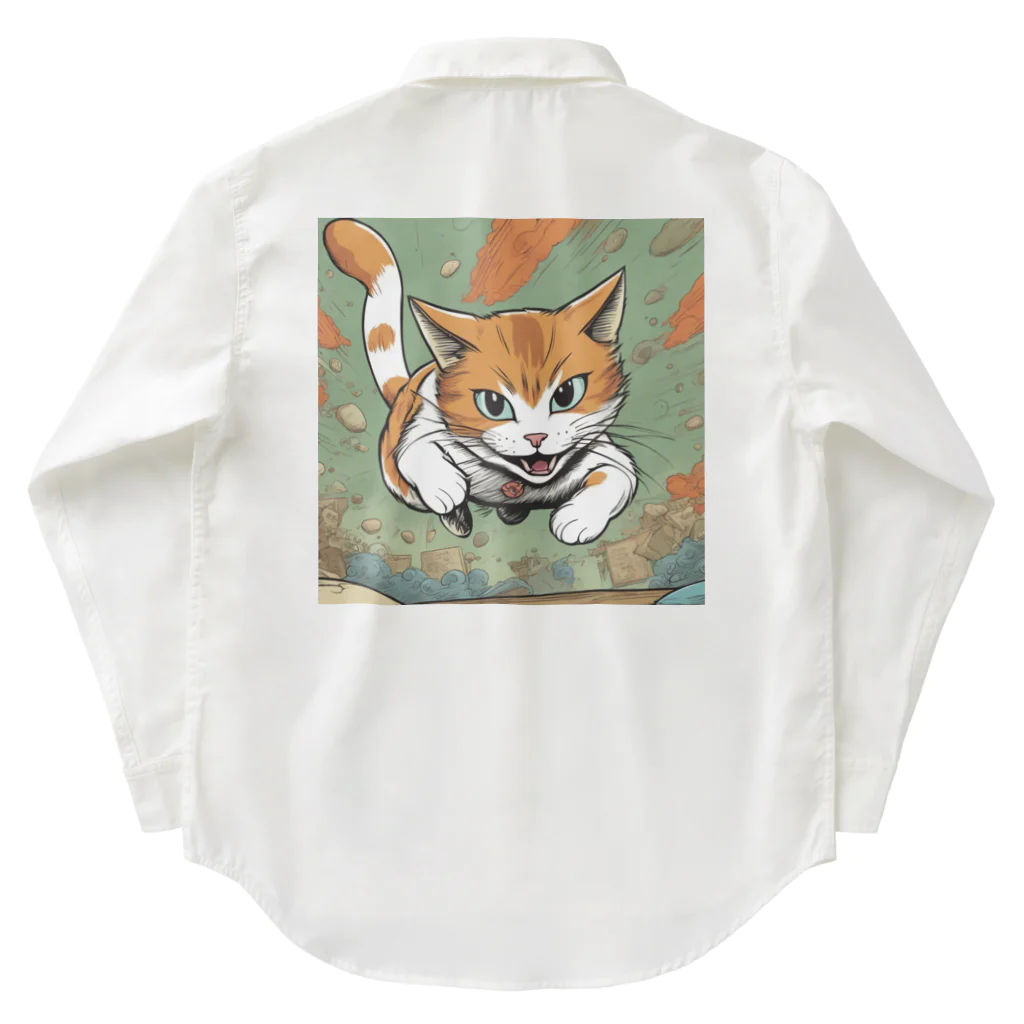 にゃんこーねこの飛び掛かる猫 Work Shirt