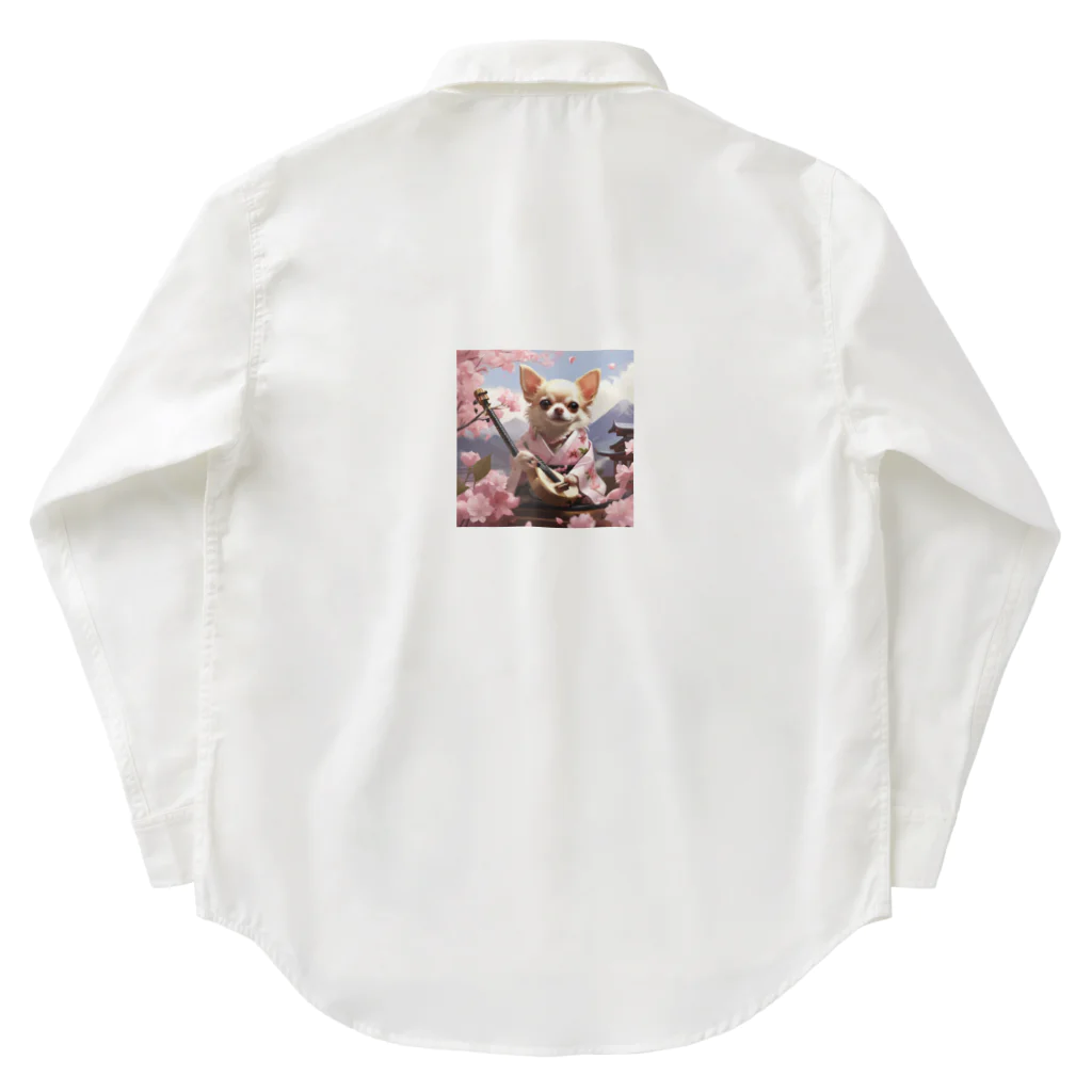 チワワ愛好家ショップの愛らしいチワワが三味線を奏でる姿＆一緒に桜の美しい風景を堪能🌸 ワークシャツ
