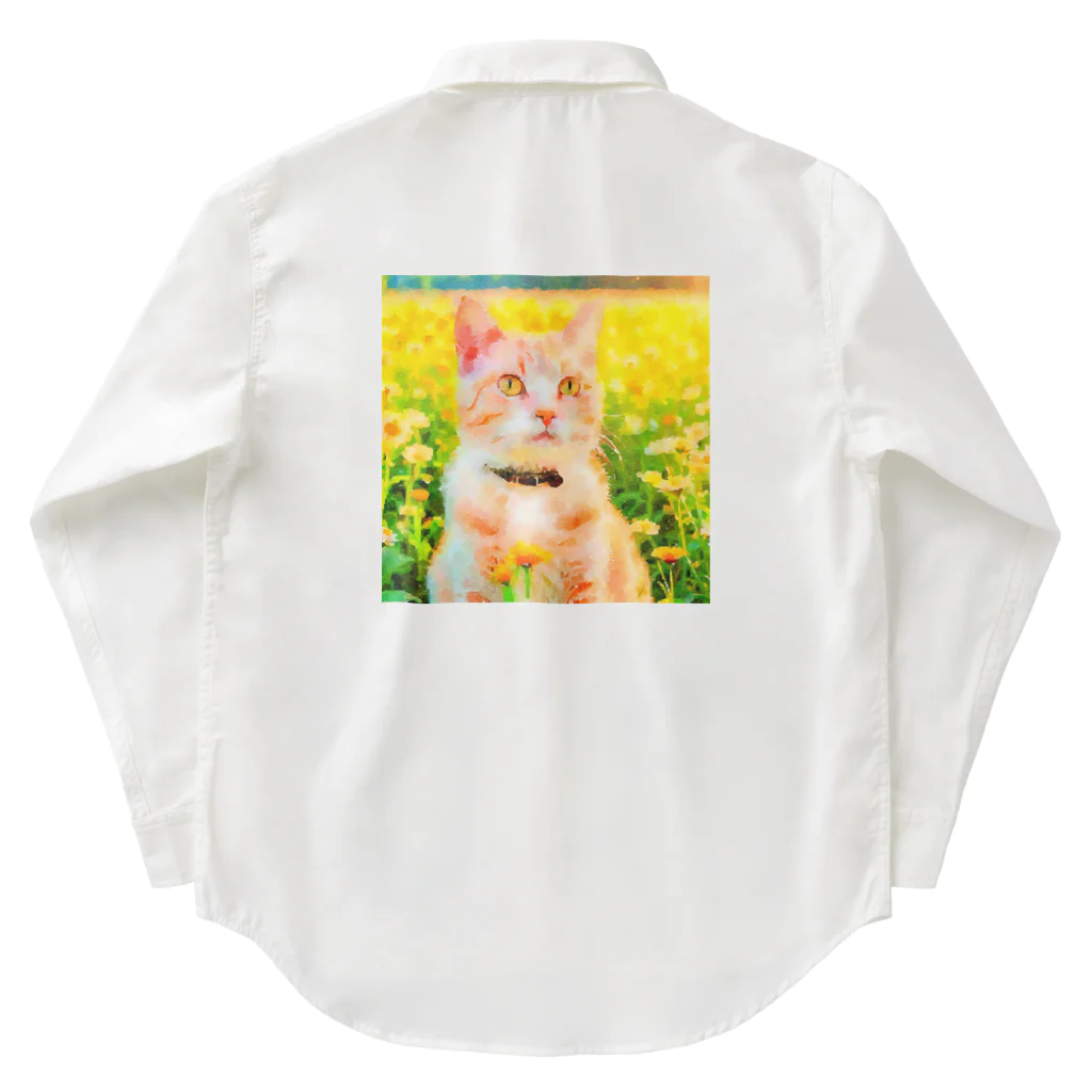 猫好きの谷の猫の水彩画/花畑のチャシロねこのイラスト/茶白ネコ Work Shirt