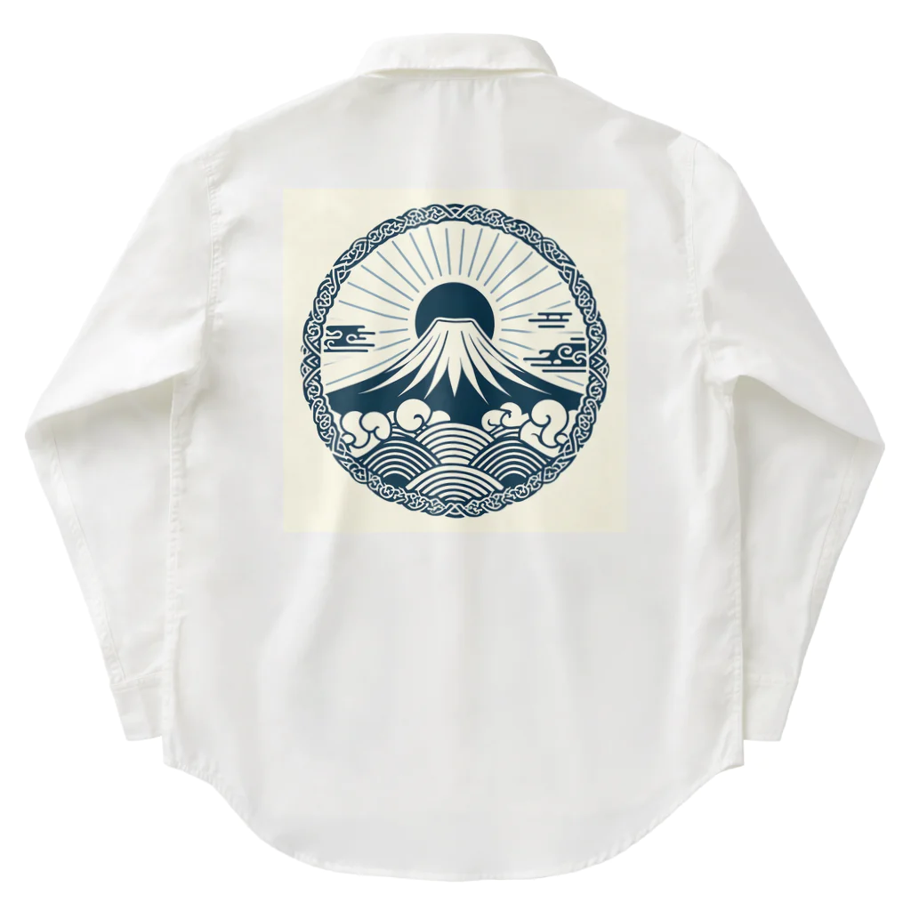 Cool Japanese CultureのMinimalist Traditional Japanese Motif Featuring Mount Fuji and Seigaiha Patterns ワークシャツ