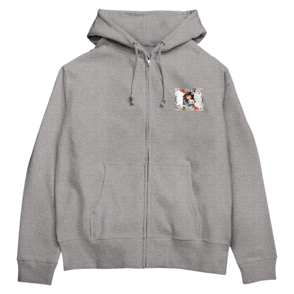 森にえショップの陽だまりで猫を抱く Zip Hoodie