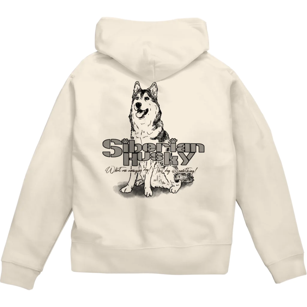 オリジナル工房プリントンの線画 シベリアンハスキー 背面プリント ジップパーカー Zip Hoodie