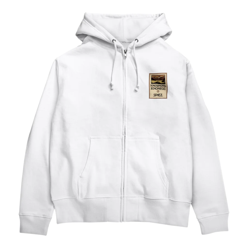 YS VINTAGE WORKSのスイス・ベルン州シュピーツのシャトーホテルの古い広告 Zip Hoodie