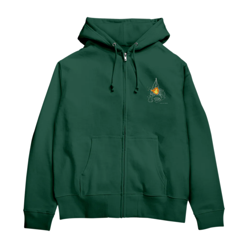Curious Cats Campingの猫と焚き火 白線 Zip Hoodie