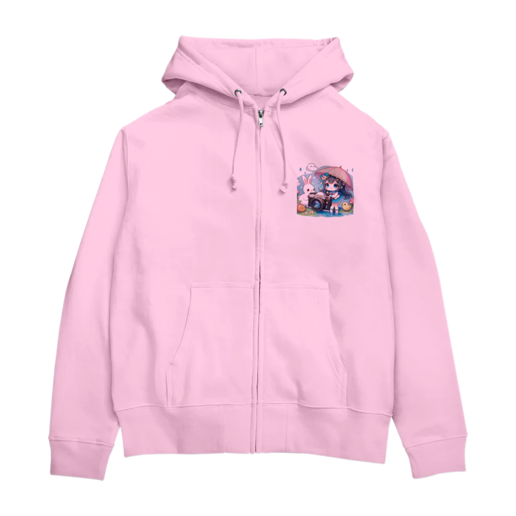 かるるんショップのカメラと傘とうさ耳少女とシリーズ　撮影 Zip Hoodie