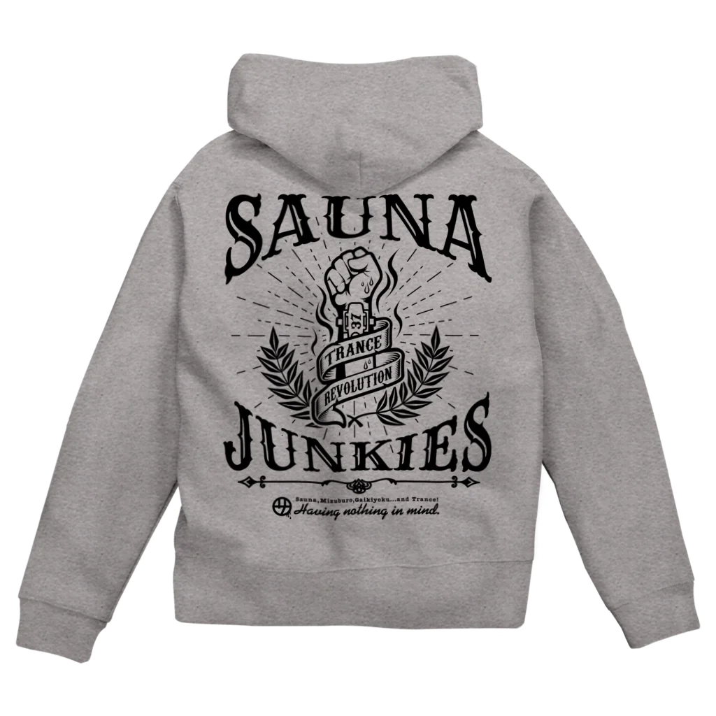 SAUNA JUNKIES | サウナジャンキーズのTRANCE REVOLUTION（黒プリント） ジップパーカー