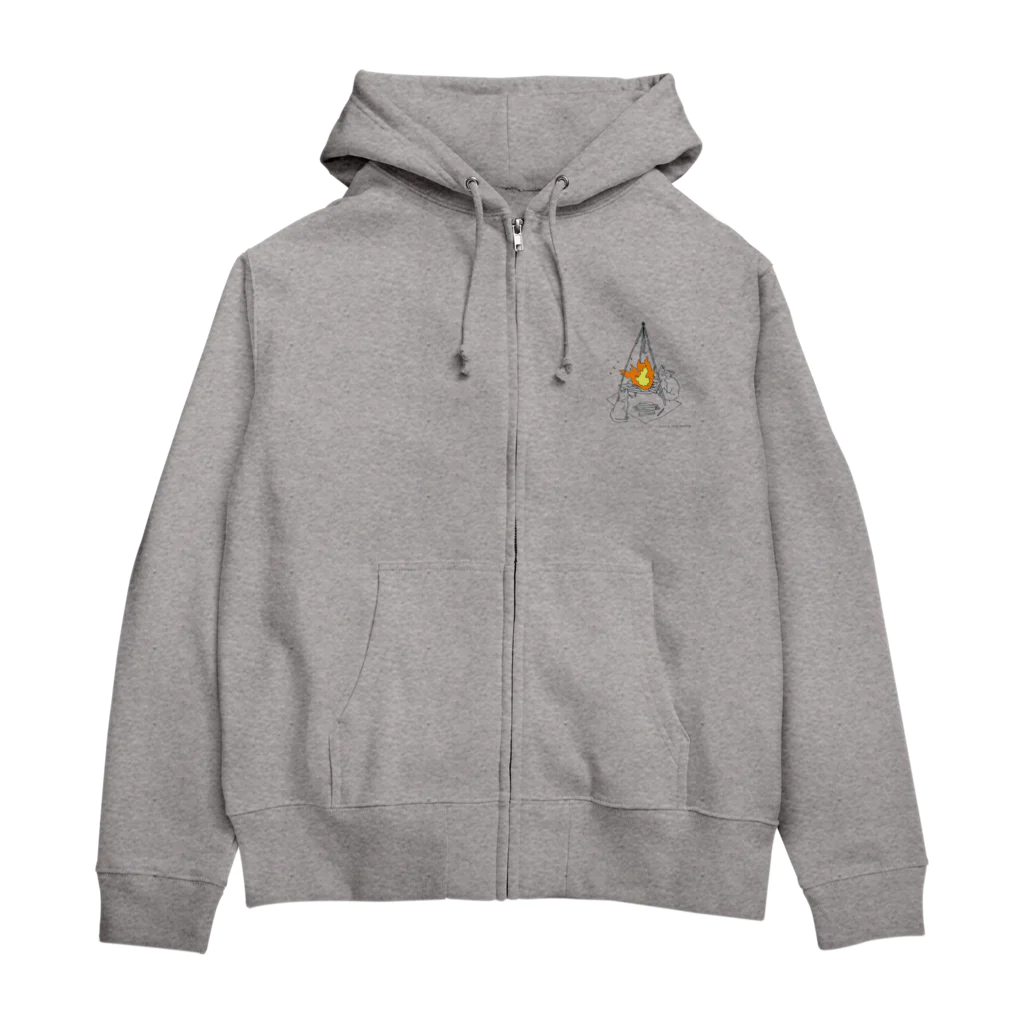Curious Cats Campingの猫と焚き火 黒線 Zip Hoodie