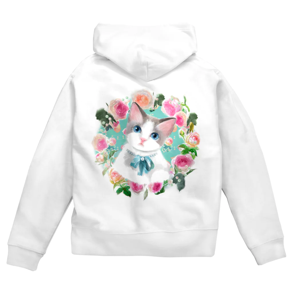 NORIMA'S SHOP のメガネをかけたラグドールの子猫とピエールドロンサールのバラのフラワーリースイラスト Zip Hoodie