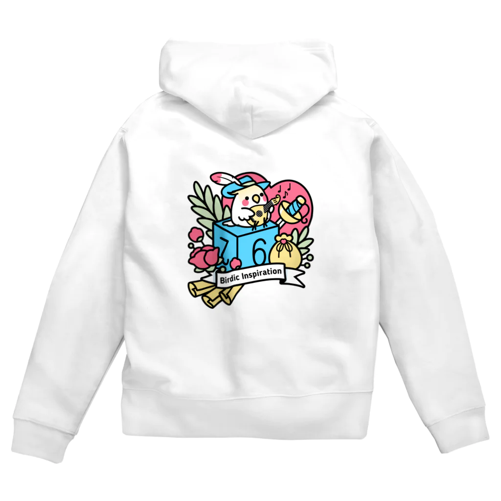 Cody the Lovebirdの（両面）　Chubby Bird バイクに乗ったオカメインコ　＆　オカメインコとマンドリン Zip Hoodie