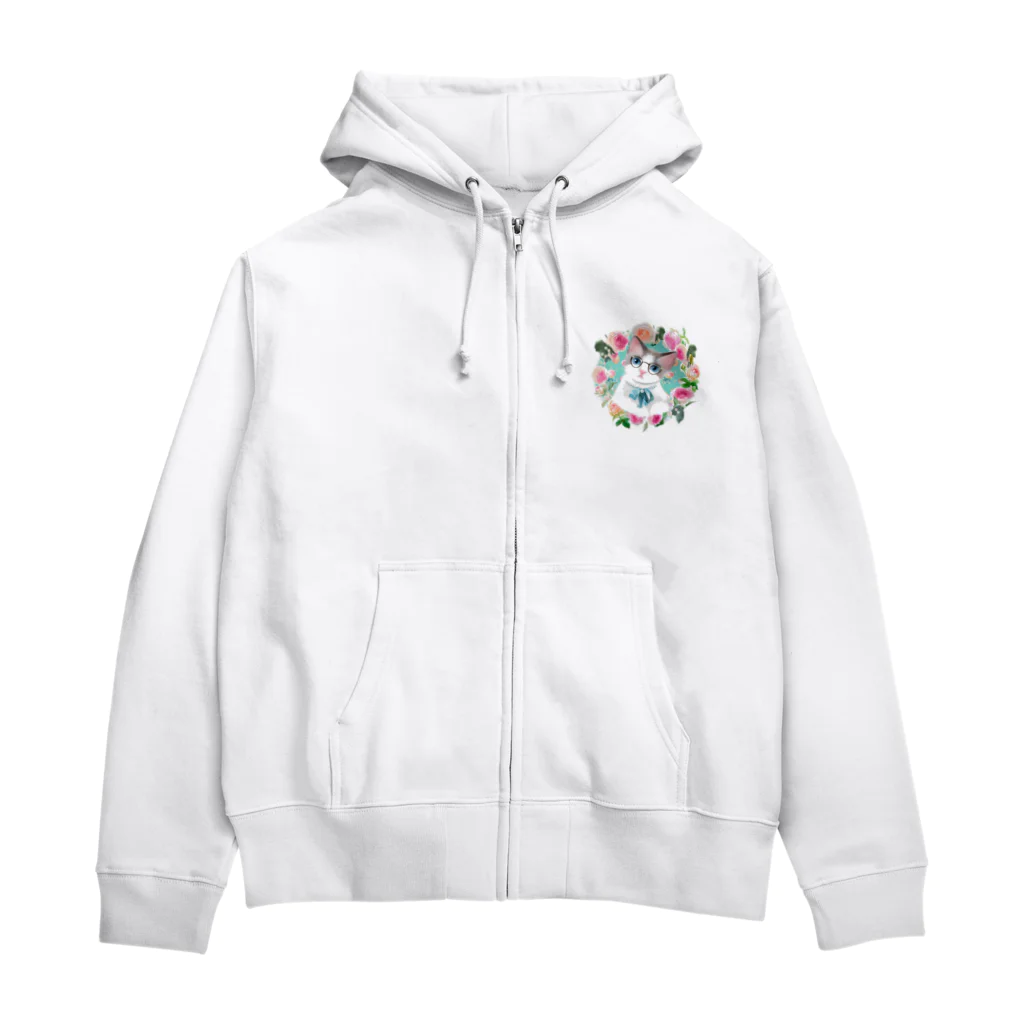 NORIMA'S SHOP のメガネをかけたラグドールの子猫とピエールドロンサールのバラのフラワーリースイラスト Zip Hoodie