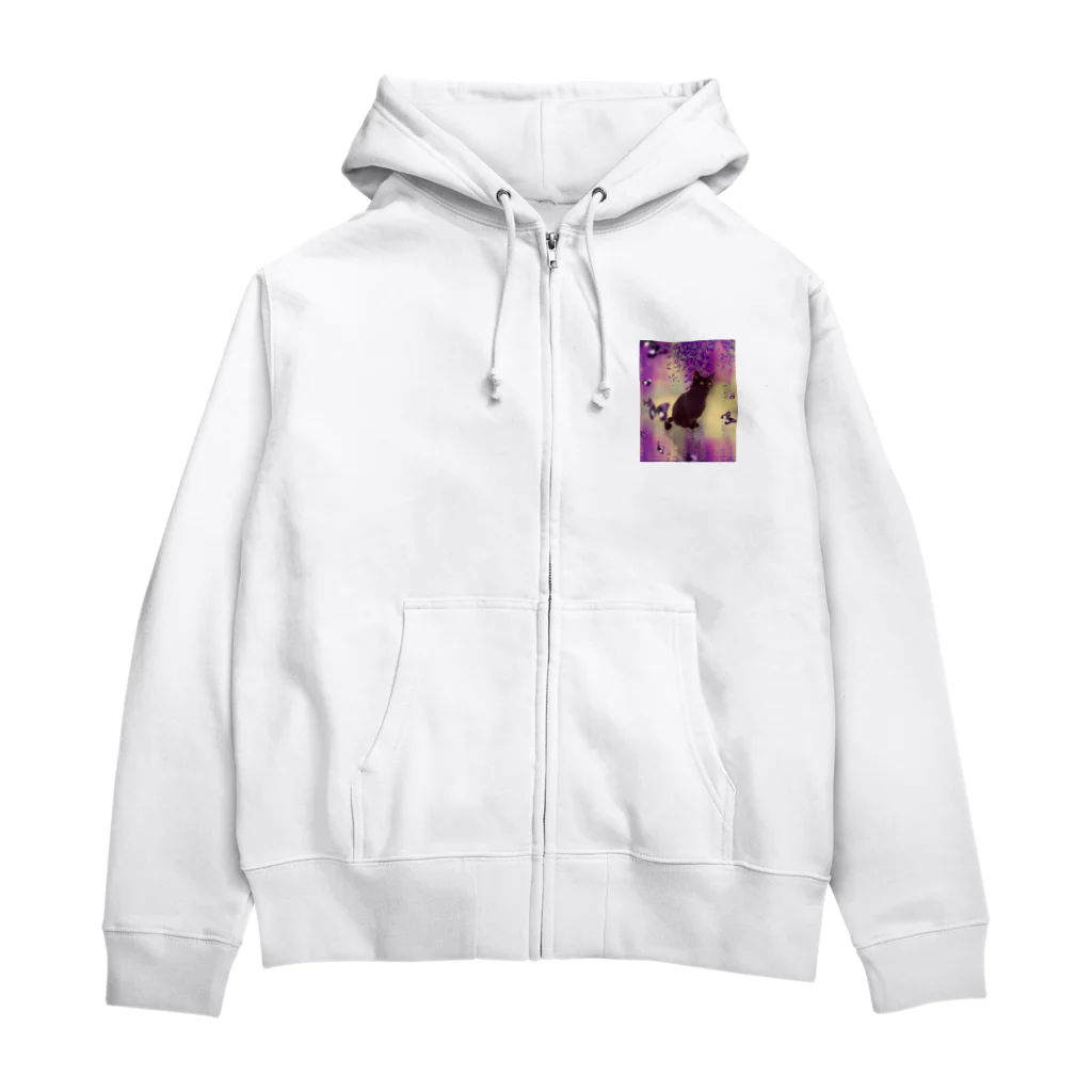 live with catsの黒猫と藤の花 Zip Hoodie