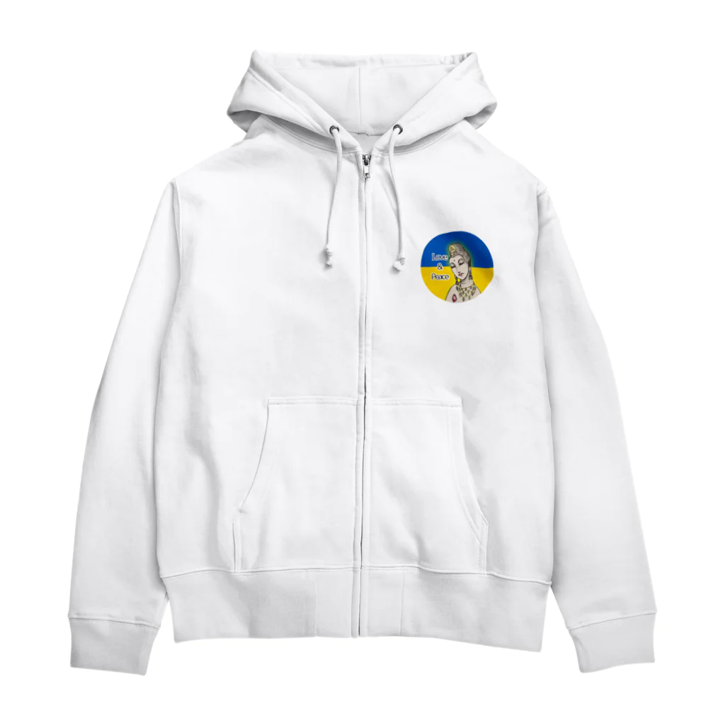 諭苑のSUZURI店のLove＆Peace観世音菩薩ウクライナ国旗背景 Zip Hoodie