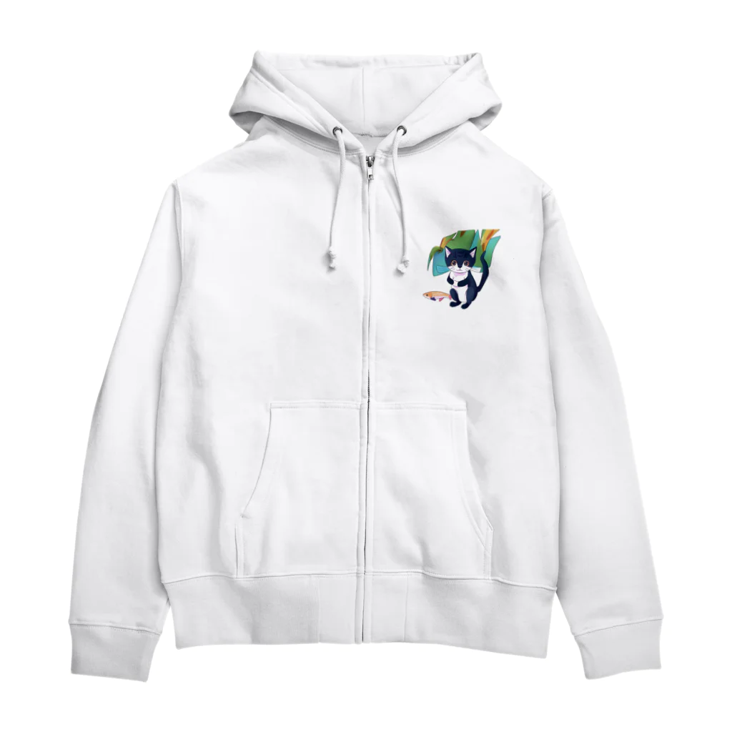 洋服好きな男の子 の魚を捕えた子猫 Zip Hoodie