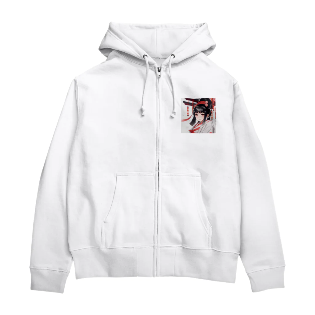 ワンダーワールド・ワンストップの巫女服を着た綺麗なポニーテール女性のグッズ Zip Hoodie