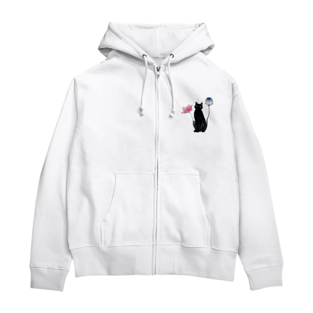 幸運のしっぽの黒猫と花 Zip Hoodie