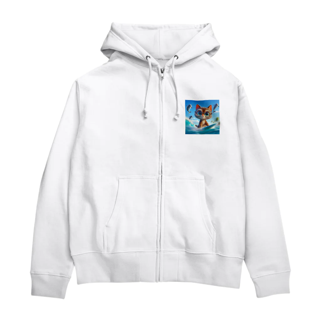 猫と紡ぐ物語のお気に入りのサーフボードでサーフィンする猫 Zip Hoodie