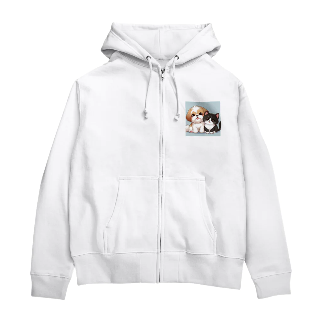 ワンコとにゃんちゃんズのシーズーと白黒にゃんこ Zip Hoodie