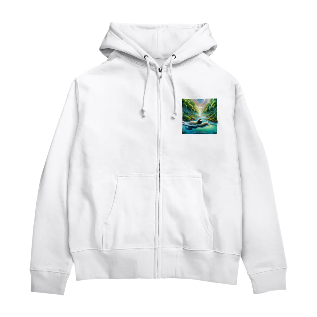 k.a.u.j.7の時間の流れを象徴する川の中でゆったりと泳ぐ、ナマケモノの姿🌿 Zip Hoodie