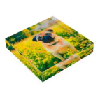 犬好きのしましまの水彩画の犬 花畑のパグのイラスト Acrylic Block :placed flat