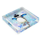 ヤママユ(ヤママユ・ペンギイナ)のケープペンギン「ちょうちょ追っかけてたの」(Blue) Acrylic Block :placed flat