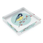 Nellyhime のアートのベリーと鳥 (Great Tit) Acrylic Block :placed flat