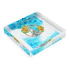 星架月の「窓際の夏」青空・向日葵縁・浴衣の女の子・背景有 Acrylic Block :placed flat