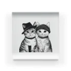 動物夫婦イラスト屋さんの帽子を被った猫夫婦 アクリルブロック