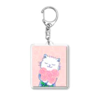 ねこーとさん(ネロリ)のピンクのラナンキュラスとねこーとさん Acrylic Key Chain