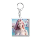 AI goddessの桜と川と青空と、ピンクの髪の女の子 Acrylic Key Chain