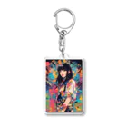 80s pop anime artの黒い背景にカラフルなドレスを着た女性の絵 Acrylic Key Chain