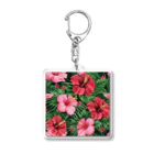 オンラインショップイエローリーフの赤色の花ハイビスカス Acrylic Key Chain