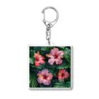 オンラインショップイエローリーフのピンク色のハイビスカスの花 Acrylic Key Chain