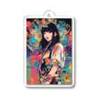 80s pop anime artの黒い背景にカラフルなドレスを着た女性の絵 Acrylic Key Chain