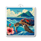 日本の風景 COOL JAPANの日本の風景:荒波にもまれる海がめ、Japanese scenery: Sea turtle caught in rough waves Acrylic Key Chain