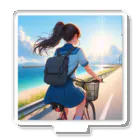 ふりむいての海岸沿いの風、自転車を漕ぐ女の子 アクリルスタンド