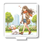 南国のかわいい犬と散歩をする女性 Acrylic Stand