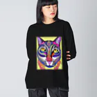 miamissioneのカラフルでエスニックテイストでポップな猫－Colorful, ethnic flavored, pop cat. ビッグシルエットロングスリーブTシャツ