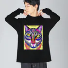 miamissioneのカラフルでエスニックテイストでポップな猫－Colorful, ethnic flavored, pop cat. ビッグシルエットロングスリーブTシャツ