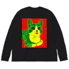 tourbillonの緑と黄色の赤い猫 ビッグシルエットロングスリーブTシャツ