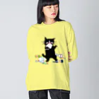 マイマイタケの酔拳キャット（黒猫） ビッグシルエットロングスリーブTシャツ